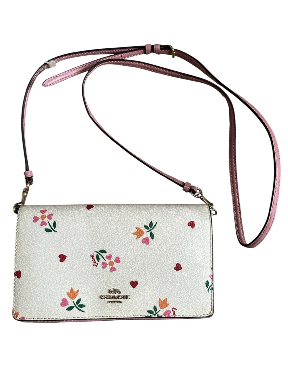 COACH Wallet / Crossbody Bag in Chalk Rose Pink Multi Heart Floral Print